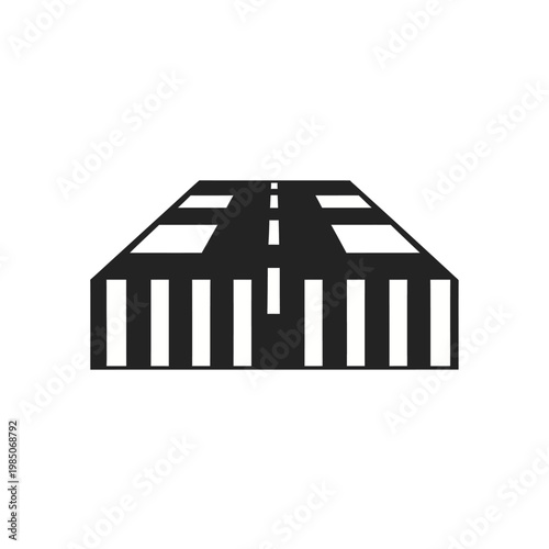 Minimalist black and white vector icon depicting an airport runway perspective, symbolizing aviation, travel, and flight departure or arrival concepts