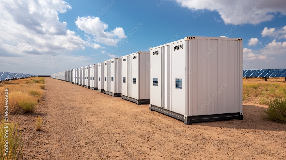 Obraz premium A large battery energy storage installation within a renewable energy infrastructure development project.