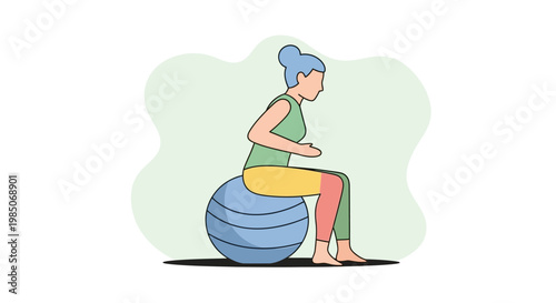 A woman with blue hair in athletic wear sits upright on a blue exercise ball, engaging her core muscles in a fitness class, depicted in a simple, flat, modern art style.