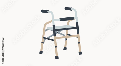 Modern, minimalist flat graphic design of a beige and blue adjustable walker with a seat, isolated on a pale beige background, conveying mobility and independence in healthcare.