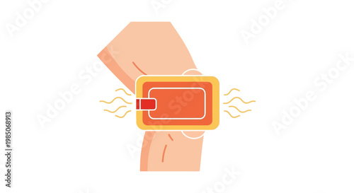 Modern, minimalist flat design graphic of a rectangular, orange medical patch with a red indicator applied to a human elbow joint, emitting subtle heat waves for pain relief and therapeutic 