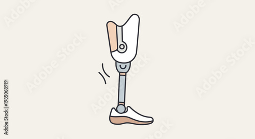 Modern, minimalist cartoon-style drawing of a prosthetic leg with a white socket and grey shaft, in a playful, active pose against a neutral, soft beige background.