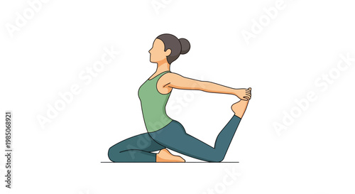 Graceful woman in minimalist flat design style performing a challenging Pigeon Pose yoga asana, stretching and strengthening her body on a white background.