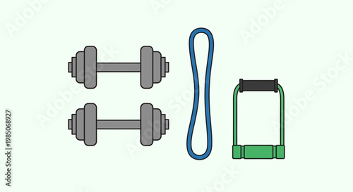 Flat design composition of two pairs of adjustable dumbbells, a resistance loop band, and a resistance tube with handles for a versatile home gym workout.