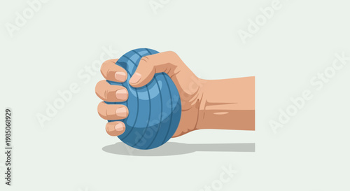 Close-up of a human hand firmly squeezing a textured blue stress ball, representing relaxation and stress relief with a clean, graphic style on a light background.