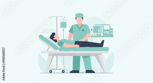 Minimalist flat design graphic artwork depicting a doctor performing a medical examination on a patient lying on an examination bed in a modern clinic.
