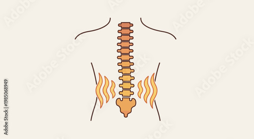 Stylized anatomical representation of a human spine with waves indicating lower back pain or inflammation, depicted in a warm color palette against a muted background.