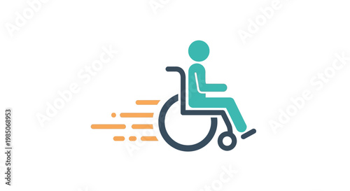Abstract turquoise silhouette of a person in a wheelchair with speed lines indicating motion, conveying accessibility and independence in a minimalist modern flat design style.