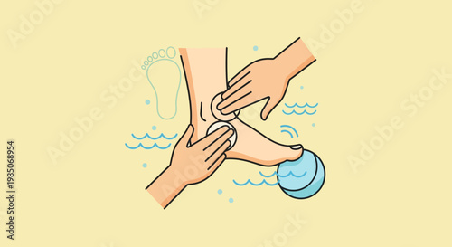 Detailed stylized flat illustration of a person's feet undergoing a gentle cleansing ritual with cotton pads and water droplets, representing spa foot care and hygiene in a clean, modern aes