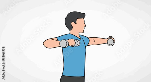 Athletic man with short dark hair, wearing a blue t-shirt, performing lateral dumbbell raises for shoulder workout in a clean, minimalist cartoon style.