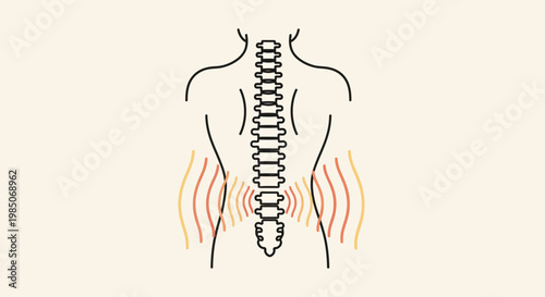 Minimalist line art depiction of human spine with radiating heat waves signifying lower back pain or discomfort, isolated on beige.