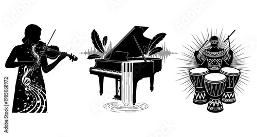 Musical performance art silhouettes including violin piano and drums isolated on white background