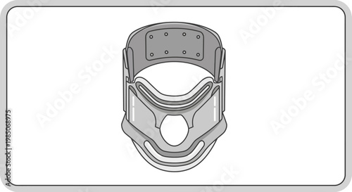 Medical cervical collar orthosis, white graphic representation, front view, used for neck support and stabilization after injury or surgery, simplified line art.