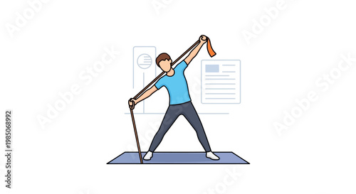Energetic young man performing a dynamic resistance band lateral stretch, promoting flexibility and strength training on a yoga mat in a modern gym setting with fitness charts.