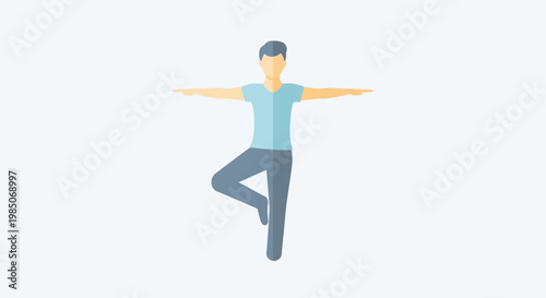 Flat, stylized male figure in a minimalist graphic style, performing a yoga tree pose with arms extended horizontally, isolated on a light grey background.