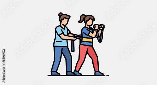Fitness trainer guiding woman in workout session, demonstrating proper technique with resistance bands, modern flat design, healthy lifestyle, and active body.