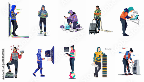 Illustrations of tech professionals in stylized hoodies performing various IT tasks like server maintenance, programming, and hardware repair on a white background.