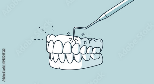 Clean, bright white human teeth on a dental model, polished with a dentist's tool, reflecting sparkling light, minimalist line art style, perfect oral hygiene concept.