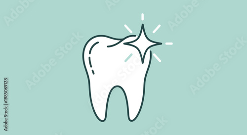 Clean, sparkling tooth icon with bright starburst highlight, representing dental health and hygiene in a simple, modern line art style against a light blue background.