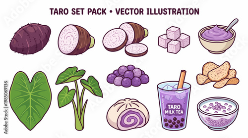 Taro cartoon illustration set with whole root vegetable halved sliced and cubed pieces