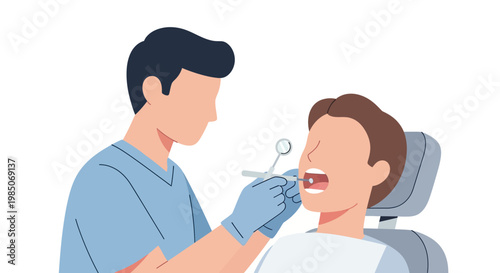 Professional male dentist wearing light blue scrubs and gloves, examining a patient's open mouth with dental tools in a clinic setting, simple flat design.
