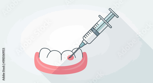 Close-up of a cartoon-style injection being administered into a tooth in a gum line, representing dental anesthesia and pain relief, set against a pale background with a shadow.