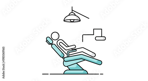Minimalist line art depicts a patient reclining in a teal dental chair under a bright examination lamp, signifying a routine dental checkup or procedure.