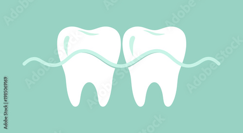 A close-up, minimalist vector graphic showing two pristine white teeth being cleaned with a gentle, wavy teal dental floss against a soft teal background.