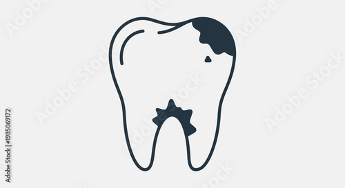 A stark, minimalist line art depiction of a human molar with dark, decaying cavities, representing dental decay and poor oral hygiene, set against a neutral grey background, in a simplified 