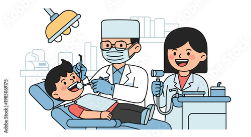 Friendly cartoon dentist with mask and assistant examine happy young boy's teeth in bright dental chair under lamp, professional dental care concept.