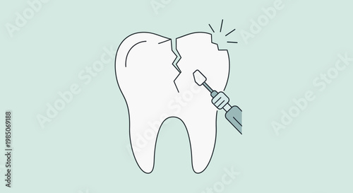 Minimalist vector graphic depicting a cracked tooth being repaired by a dental drill, symbolizing dental care and restoration in a clean, modern aesthetic.