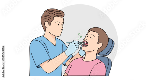 Young boy in dental chair receiving oral examination by dentist using mirror and probe, light linework cartoon style, healthy hygiene concept