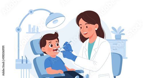 Young boy with wide eyes receiving a gentle dental examination from a smiling female dentist wearing blue gloves and white coat in a bright clinic