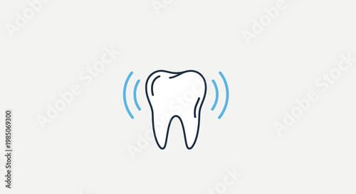 Minimalist line art icon of a healthy human molar tooth emitting sonic waves, representing dental health, sound, or resonance, on a plain light background in a clean, modern vector graphic s