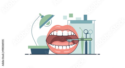 Close-up vibrant vector graphic of a wide open mouth with healthy white teeth undergoing a dental examination with mirror and instruments.