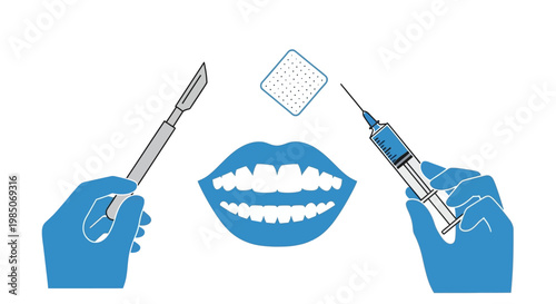 Cosmetic dentistry procedure with scalpel and syringe held by gloved hands, near smiling lips and bandage, for facial rejuvenation and aesthetic improvement.