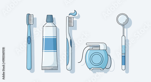Clean and modern flat graphic set of essential dental hygiene tools toothbrush, toothpaste tube, dental mirror, and floss, rendered in calming blue tones against a neutral background.