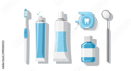 A collection of clean, stylized, and brightly colored dental hygiene products including a toothbrush, toothpaste tube, mouthwash bottle, dental floss dispenser, and mirror, presented against