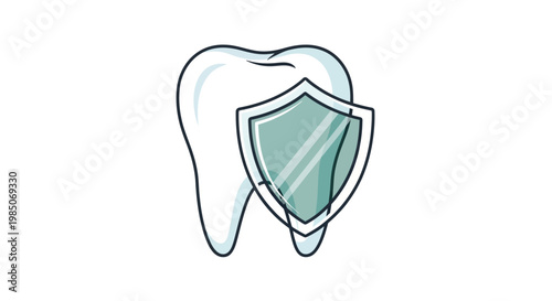 Whimsical cartoon style graphic of a shiny white molar tooth protected by a translucent mint green shield, symbolizing dental care and enamel strength.