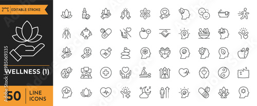 Wellness outline icon set. Containing wellness, wellbeing, mental health, healthcare, cosmetics, spa, medical, and more. Editable stroke. Vector illustration