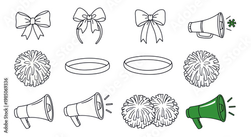 Cheerleading Equipment Icons: Pom-poms, Megaphones, Bows, Headbands