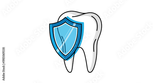 Whimsical, flat vector graphic of a stylized white tooth being protected by a vibrant blue shield, symbolizing dental health and defense, on a clean white background.