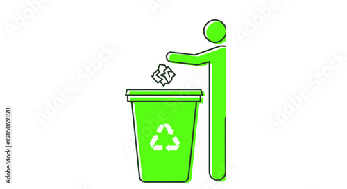 Man Throwing Crumpled Paper into Green Recycling Bin, Silhouette Icon