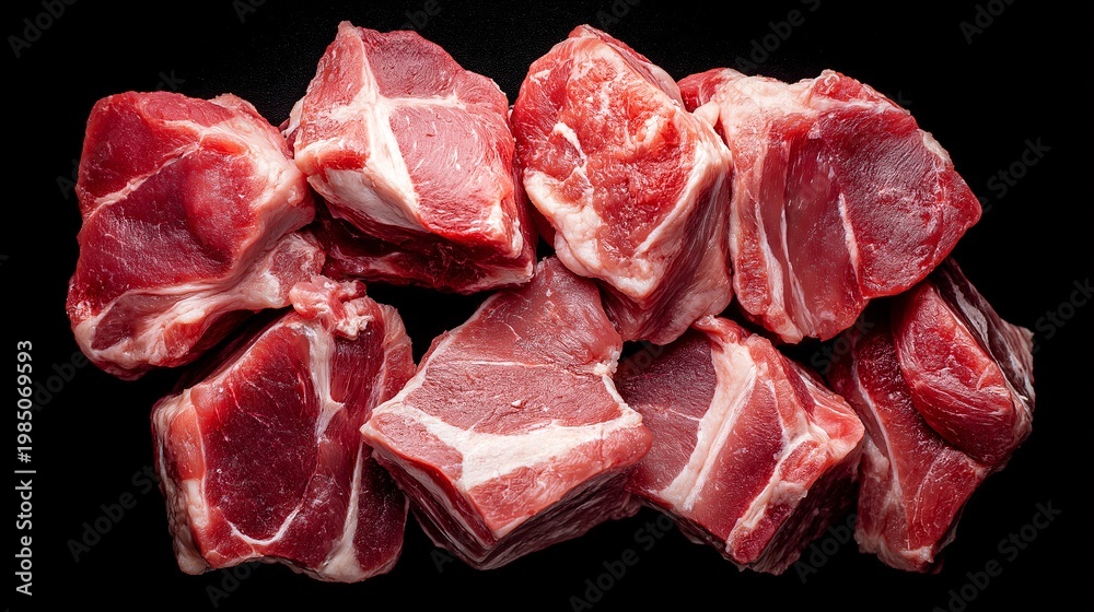 Fototapeta premium Fresh raw beef chunks arranged on black background with natural lighting