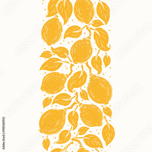 Yellow Lemons with Leaves Seamless Vertical Border Pattern. Fruit Tape.  Vector Illustration, Handmade