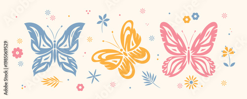 Set of Stylized Colorful Butterflies with Floral Elements. Vector Illustration, Handmade 