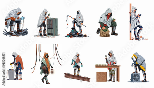 Collection of post-apocalyptic scavenger characters in a futuristic setting, salvaging electronic components and navigating a technological wasteland in a vector illustration style.