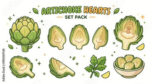 Artichoke hearts collection with whole half quartered pieces and culinary garnish