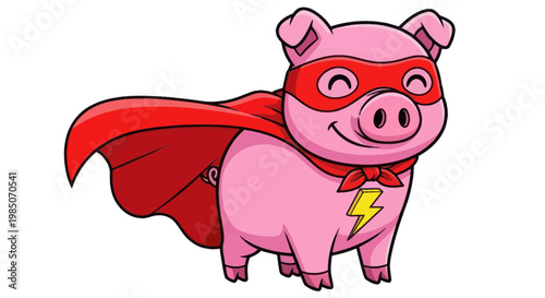 Cute cartoon superhero pig with red cape and mask, flying pig, saving the day