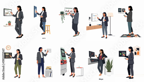 Flat illustration set of a professional woman interacting with digital dashboards, smart home controls, and data visualization interfaces for energy efficiency and business management.